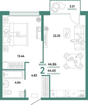 2-к квартира, вторичка, 47м2, 6/25 этаж