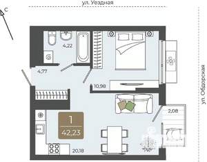 1-к квартира, вторичка, 42м2, 7/15 этаж