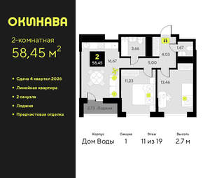 2-к квартира, вторичка, 58м2, 11/19 этаж