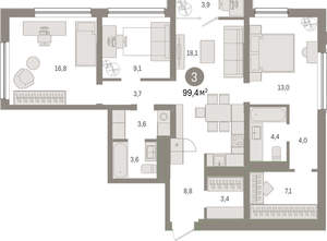 3-к квартира, вторичка, 99м2, 7/9 этаж