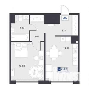 1-к квартира, строящийся дом, 41м2, 3/14 этаж