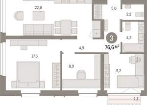 3-к квартира, вторичка, 77м2, 3/16 этаж