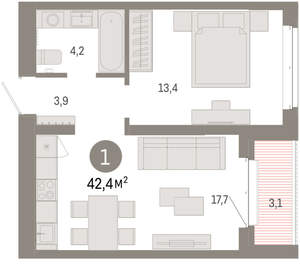 1-к квартира, вторичка, 42м2, 4/11 этаж