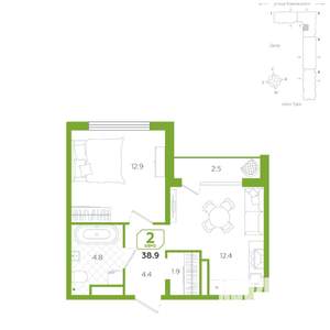 2-к квартира, вторичка, 39м2, 14/25 этаж