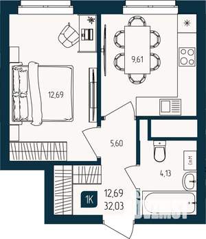 1-к квартира, вторичка, 32м2, 3/25 этаж