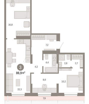 3-к квартира, вторичка, 87м2, 7/17 этаж