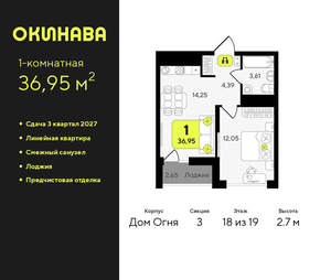 1-к квартира, вторичка, 37м2, 18/19 этаж
