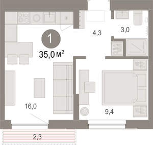 1-к квартира, вторичка, 35м2, 3/17 этаж