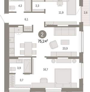 2-к квартира, вторичка, 75м2, 16/17 этаж