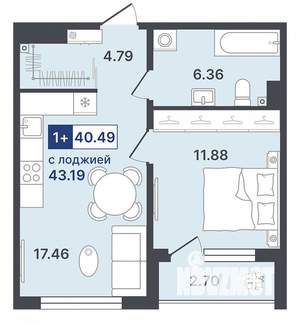 1-к квартира, строящийся дом, 40м2, 7/8 этаж