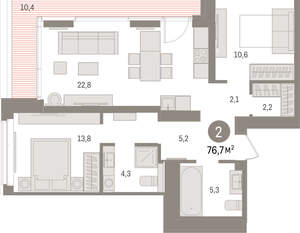 2-к квартира, вторичка, 77м2, 8/16 этаж