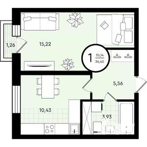 1-к квартира, вторичка, 36м2, 2/4 этаж