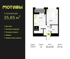1-к квартира, сданный дом, 36м2, 12/14 этаж