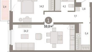 1-к квартира, вторичка, 60м2, 5/16 этаж