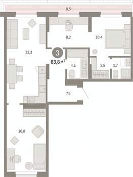 3-к квартира, вторичка, 84м2, 9/9 этаж