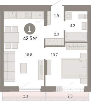 1-к квартира, вторичка, 42м2, 3/7 этаж