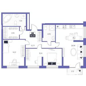 2-к квартира, строящийся дом, 84м2, 15/24 этаж