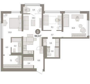 3-к квартира, вторичка, 99м2, 7/9 этаж