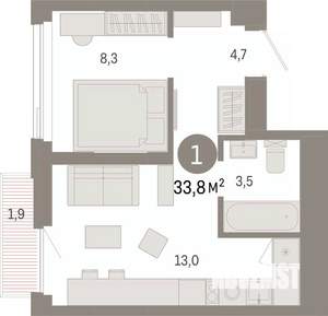 1-к квартира, вторичка, 34м2, 16/25 этаж