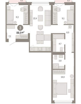 3-к квартира, вторичка, 89м2, 6/16 этаж
