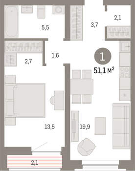 1-к квартира, вторичка, 51м2, 4/10 этаж