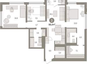 3-к квартира, вторичка, 99м2, 7/9 этаж