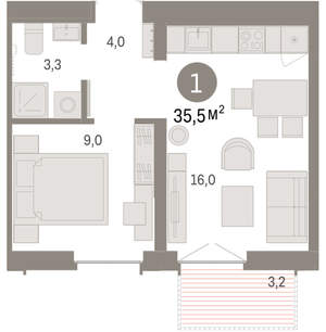 1-к квартира, вторичка, 35м2, 9/16 этаж