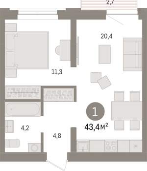 1-к квартира, вторичка, 43м2, 7/10 этаж