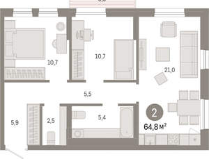 2-к квартира, вторичка, 65м2, 3/17 этаж