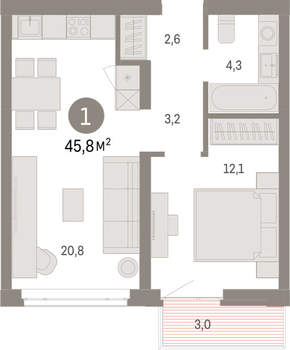 1-к квартира, вторичка, 46м2, 7/25 этаж
