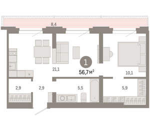 1-к квартира, вторичка, 57м2, 7/8 этаж