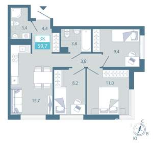 2-к квартира, строящийся дом, 60м2, 4/25 этаж