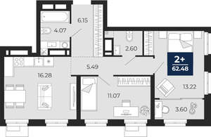 2-к квартира, вторичка, 62м2, 3/24 этаж