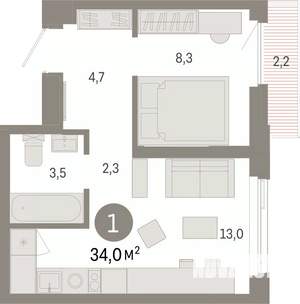 1-к квартира, вторичка, 34м2, 9/25 этаж