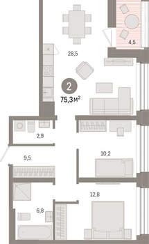2-к квартира, вторичка, 75м2, 2/8 этаж