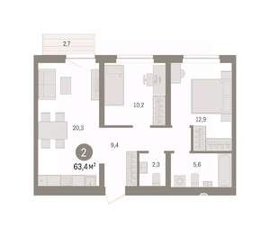 2-к квартира, вторичка, 63м2, 6/9 этаж