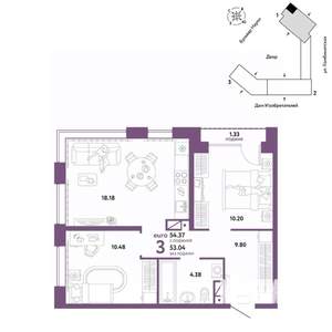 3-к квартира, строящийся дом, 54м2, 12/16 этаж