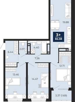 3-к квартира, вторичка, 81м2, 7/22 этаж