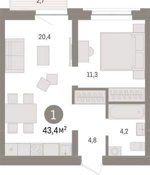 1-к квартира, вторичка, 43м2, 5/10 этаж