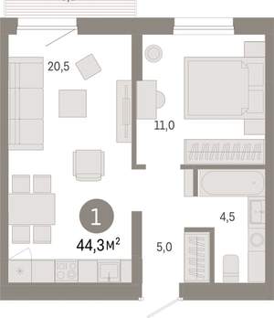 1-к квартира, вторичка, 44м2, 8/17 этаж