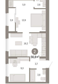 2-к квартира, вторичка, 57м2, 9/17 этаж
