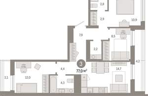3-к квартира, вторичка, 77м2, 9/17 этаж