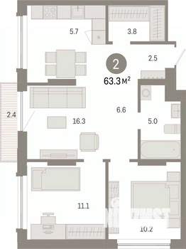 2-к квартира, вторичка, 63м2, 3/7 этаж