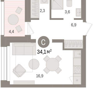 Студия квартира, вторичка, 34м2, 6/8 этаж