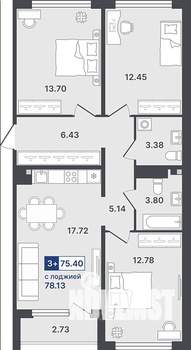 3-к квартира, строящийся дом, 75м2, 3/8 этаж