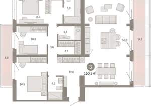 3-к квартира, вторичка, 151м2, 6/11 этаж