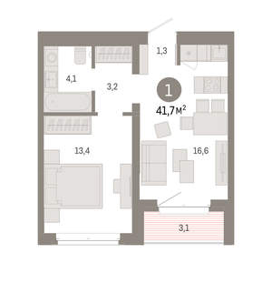 1-к квартира, вторичка, 42м2, 5/11 этаж