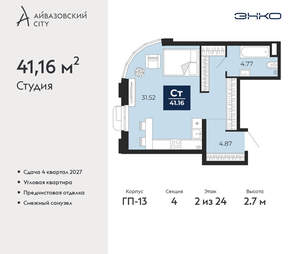 Студия квартира, вторичка, 41м2, 2/24 этаж