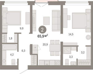 2-к квартира, вторичка, 66м2, 6/16 этаж