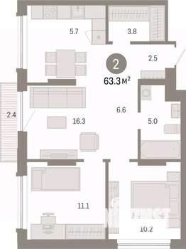 2-к квартира, вторичка, 63м2, 6/7 этаж